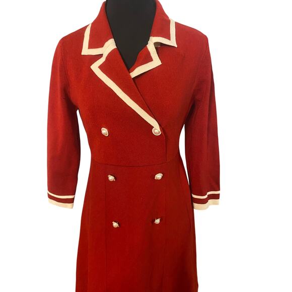 Goelia Red Knit Double Breasted Dress NWT M US6 Cream Trim Retro Mod Holiday - Picture 4 of 10